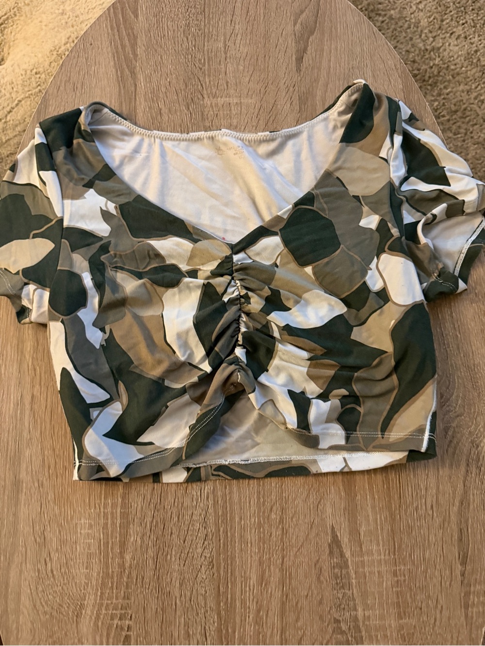 aerie Camouflage Ruched Crop Top in Green & Tan